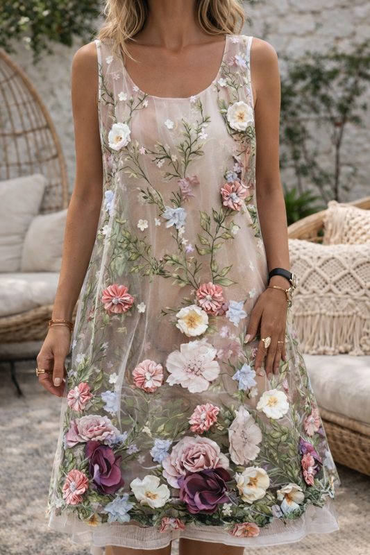 Letnia sukienka Lidia Sek bez rękawów z nadrukiem liści