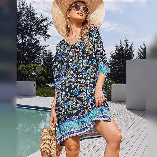 Sukienka mini z frędzlami Lidia Sek w kwiaty w stylu boho