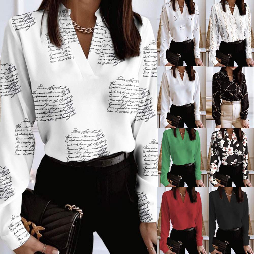 Printed V-Neck Long Sleeve Shirt by Lidia Sek