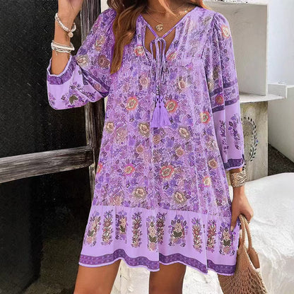 Sukienka midi Lidia Sek z dekoltem w serek w stylu boho i kwiatowym