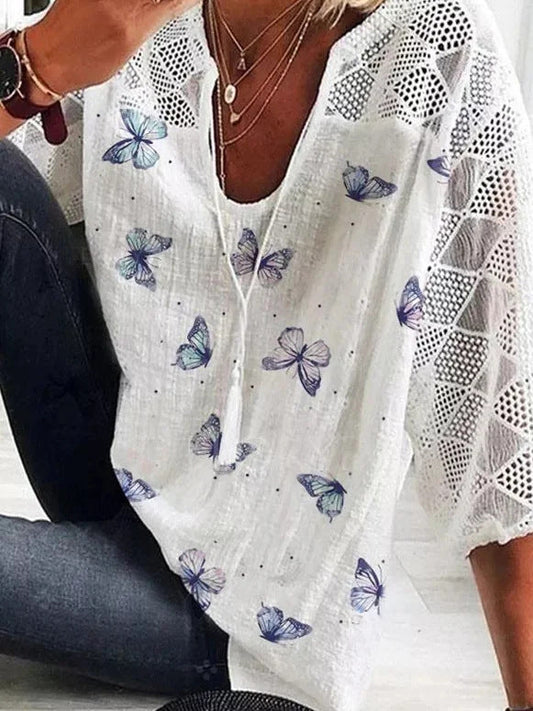 Boho Butterfly Print Lidia Sek V-Neck Blouse