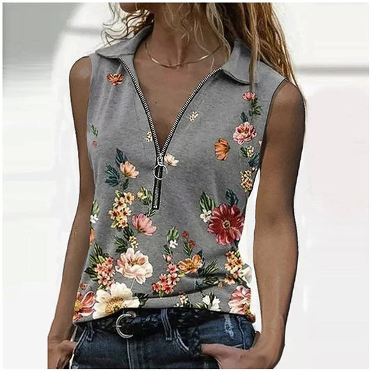 Floral Zip Slim Top Lidia Sek Sleeveless Blouse
