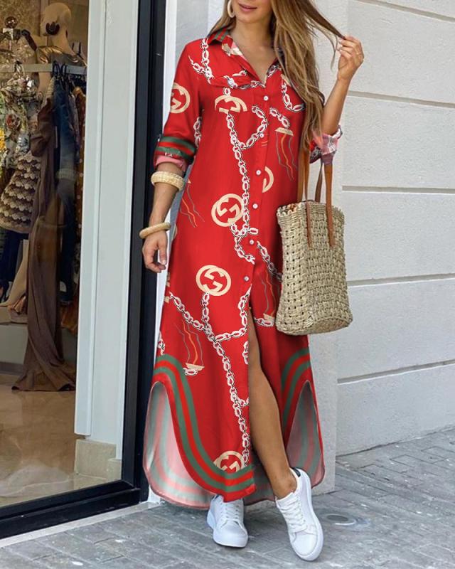 Elegancka, długa sukienka koszulowa z nadrukiem Lidia Sek