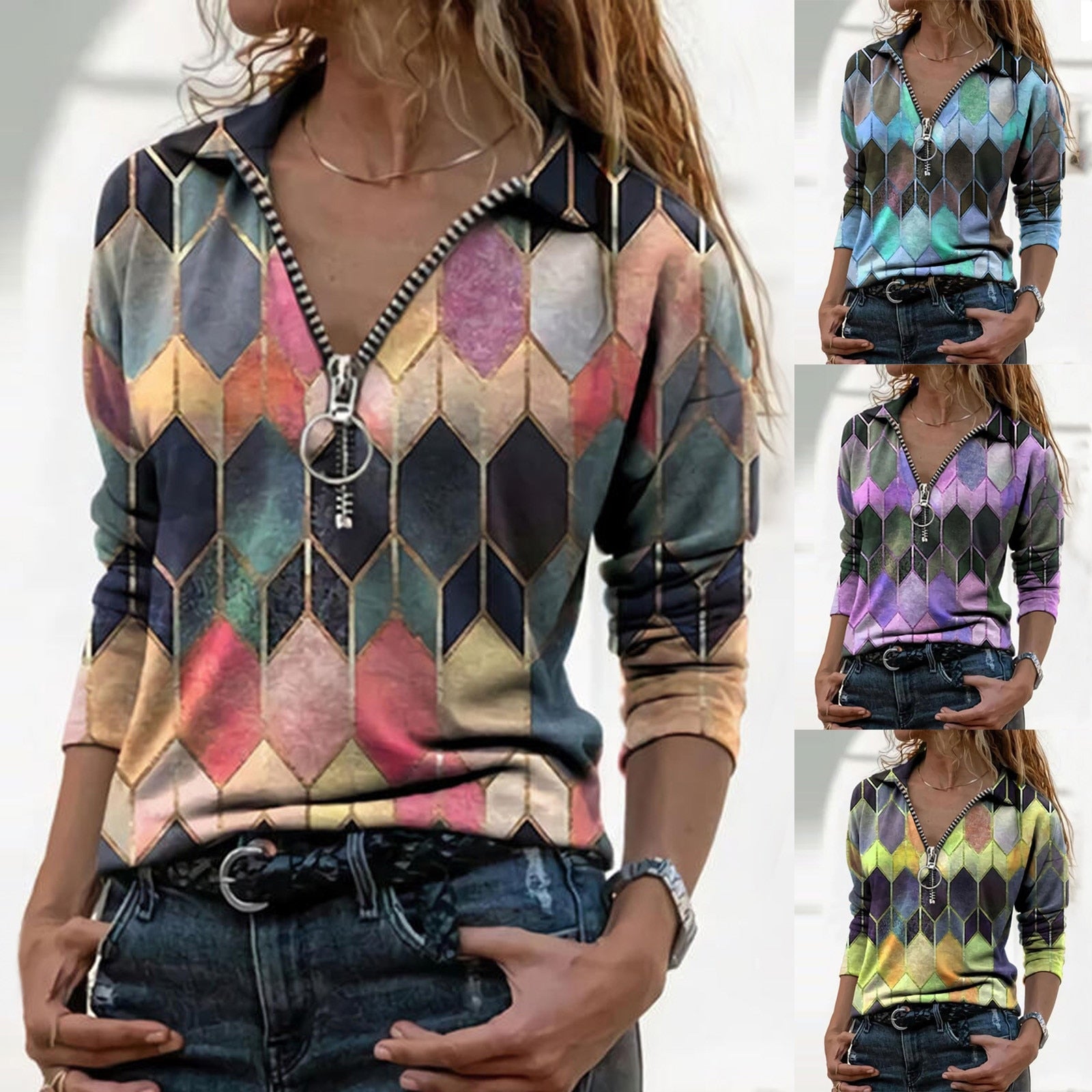 Colorful Zip V-Neck Top Lidia Sek Perfect-Fit