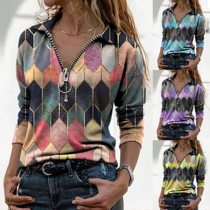 Colorful Zip V-Neck Top Lidia Sek Perfect-Fit