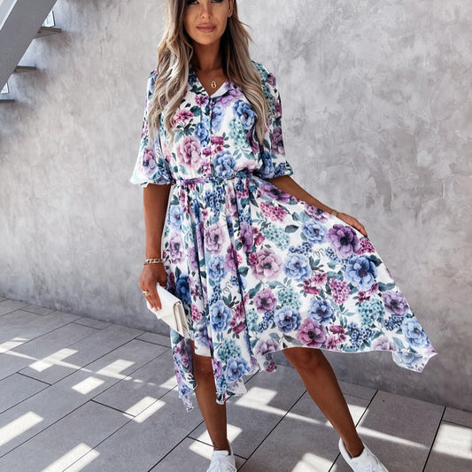 Floral Print Lidia Sek Irregular Midi Dress