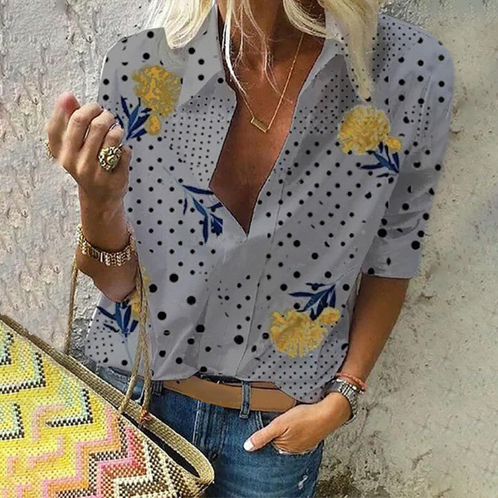 Elegancki top z dekoltem w serek Lidia Sek w kwiatowe kropki