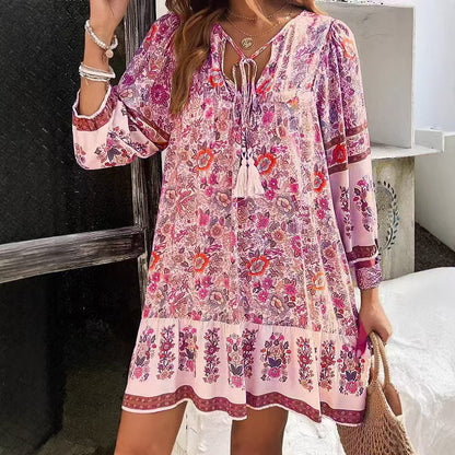 Sukienka midi Lidia Sek z dekoltem w serek w stylu boho i kwiatowym