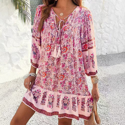 Bohemian Floral Lidia Sek V-Neck Midi Dress