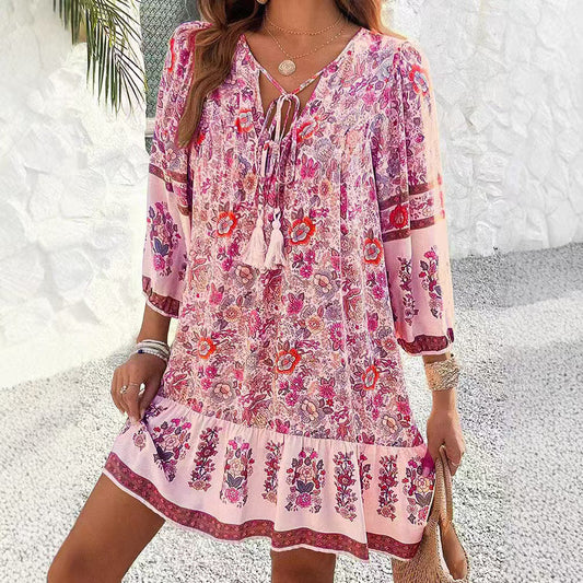Bohemian Floral Lidia Sek V-Neck Midi Dress