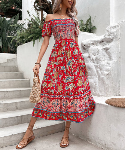 Sukienka midi Lidia Sek z odkrytymi ramionami i kwiatowym wzorem w stylu boho