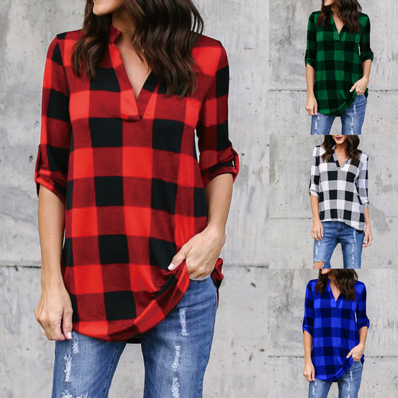 Plaid V-Neck Loose Blouse by Lidia Sek