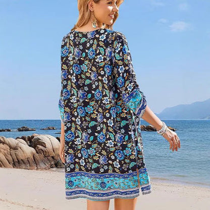 Sukienka mini z frędzlami Lidia Sek w kwiaty w stylu boho