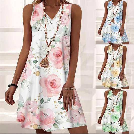 Floral V-Neck Sleeveless Dress by Lidia Sek