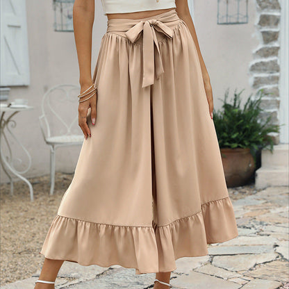 Eleganckie spodnie spódnico-spodnie z falbanką w kolorze khaki od Lidia Sek