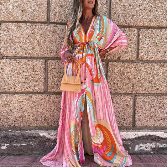 Vibrant V-Neck Lace-Up Maxi Dress by Lidia Sek