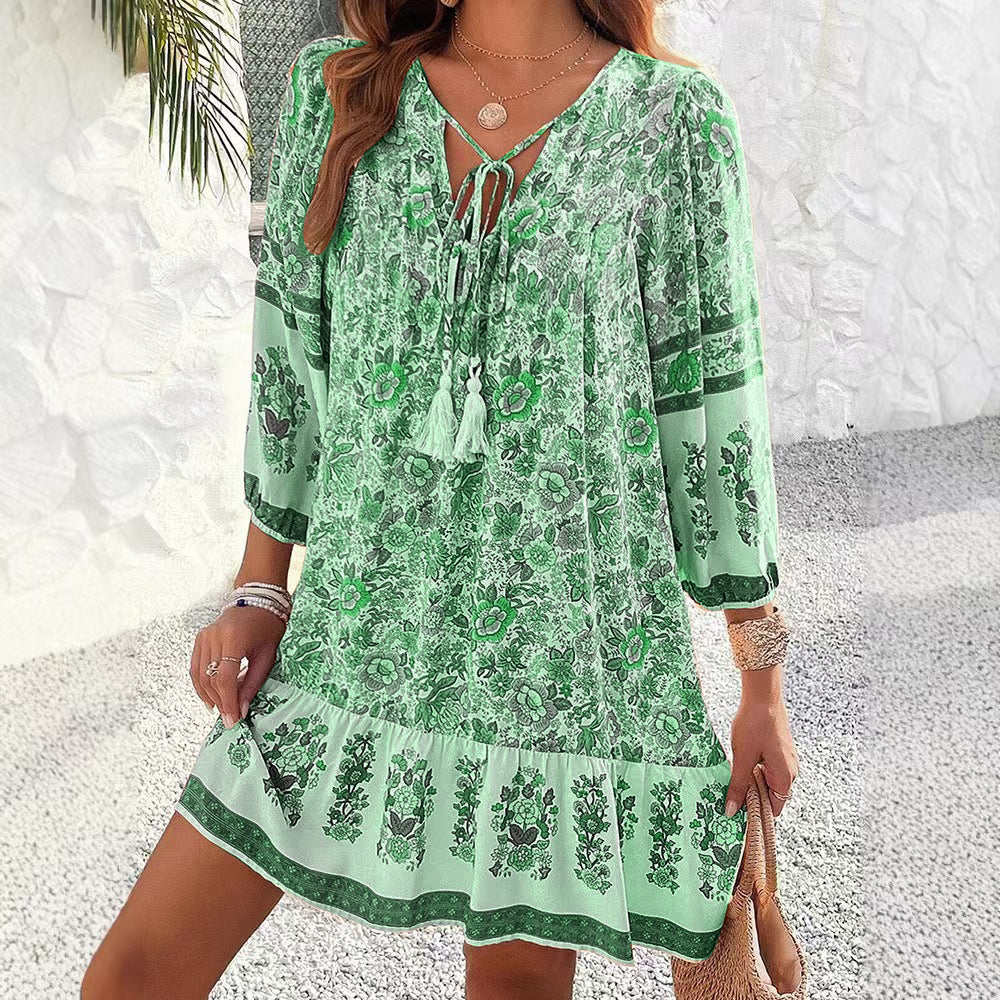 Sukienka midi Lidia Sek z dekoltem w serek w stylu boho i kwiatowym
