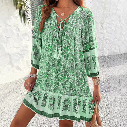 Sukienka midi Lidia Sek z dekoltem w serek w stylu boho i kwiatowym