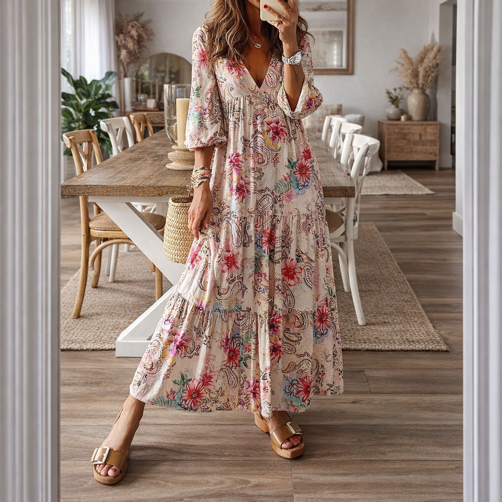 Sukienka maxi Lidia Sek z kwiatowym wzorem w stylu boho i dekoltem w serek