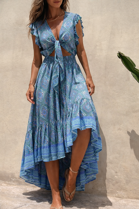 Sukienka maxi Lidia Sek z nadrukiem w stylu boho i szerokimi rękawami
