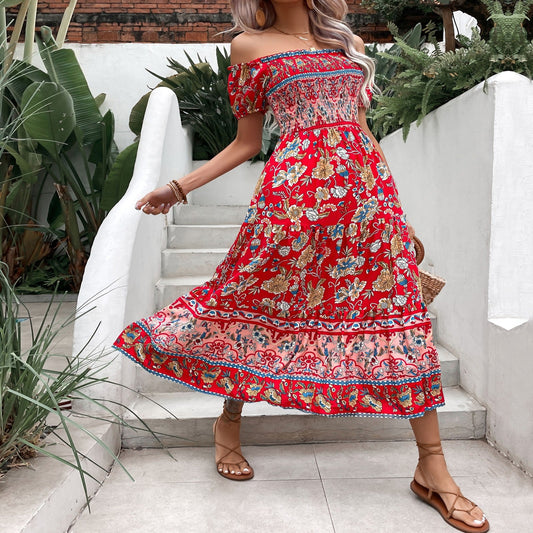 Sukienka midi Lidia Sek z odkrytymi ramionami i kwiatowym wzorem w stylu boho