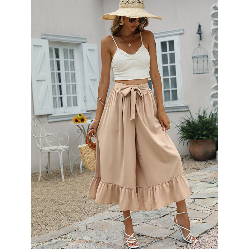 Eleganckie spodnie spódnico-spodnie z falbanką w kolorze khaki od Lidia Sek