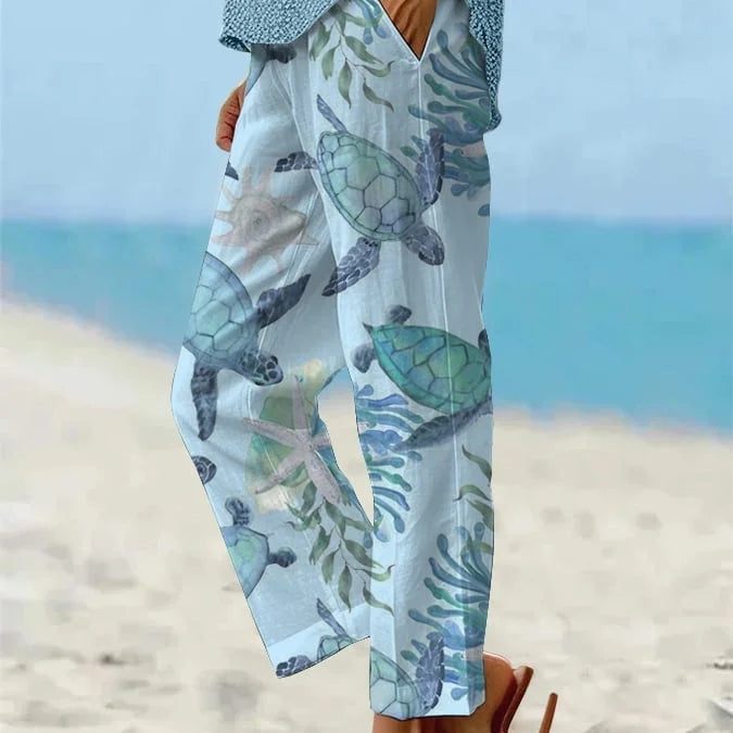 Sea Turtle Print Lidia Sek Cropped Pants