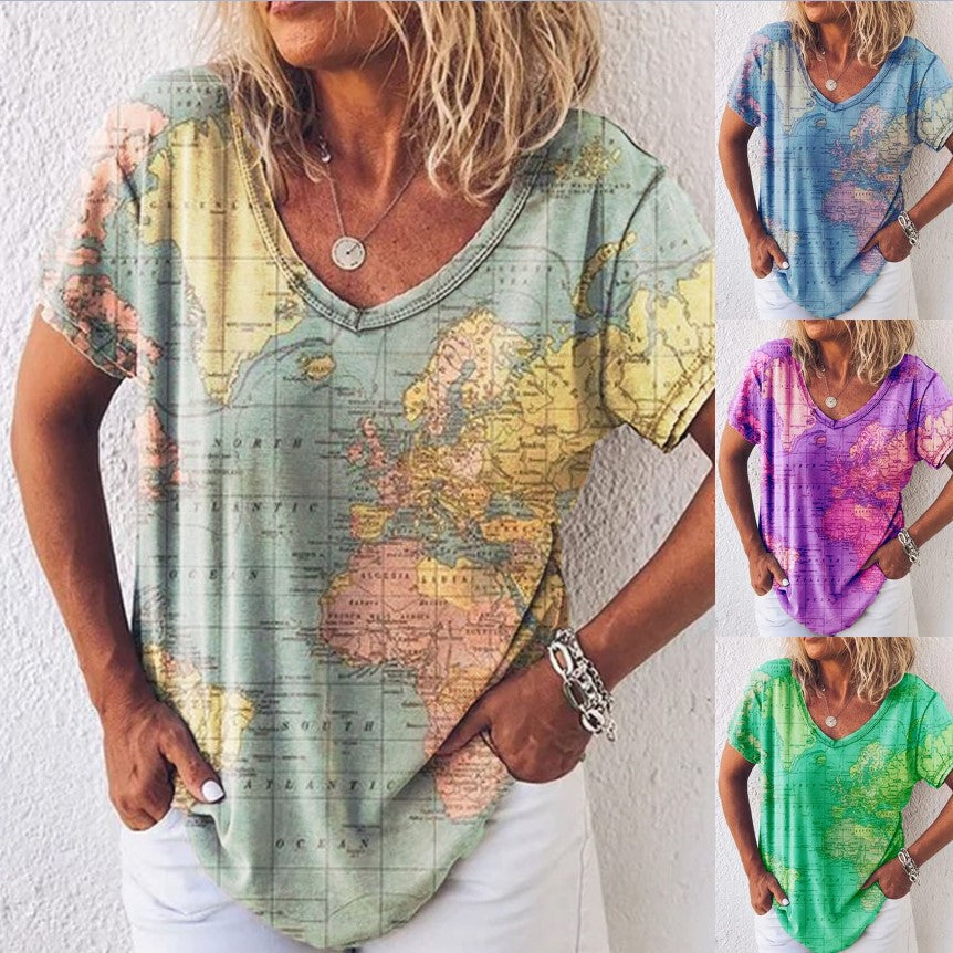 Map Print Lidia Sek V-Neck Everyday Top