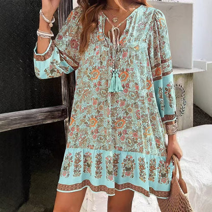 Sukienka midi Lidia Sek z dekoltem w serek w stylu boho i kwiatowym