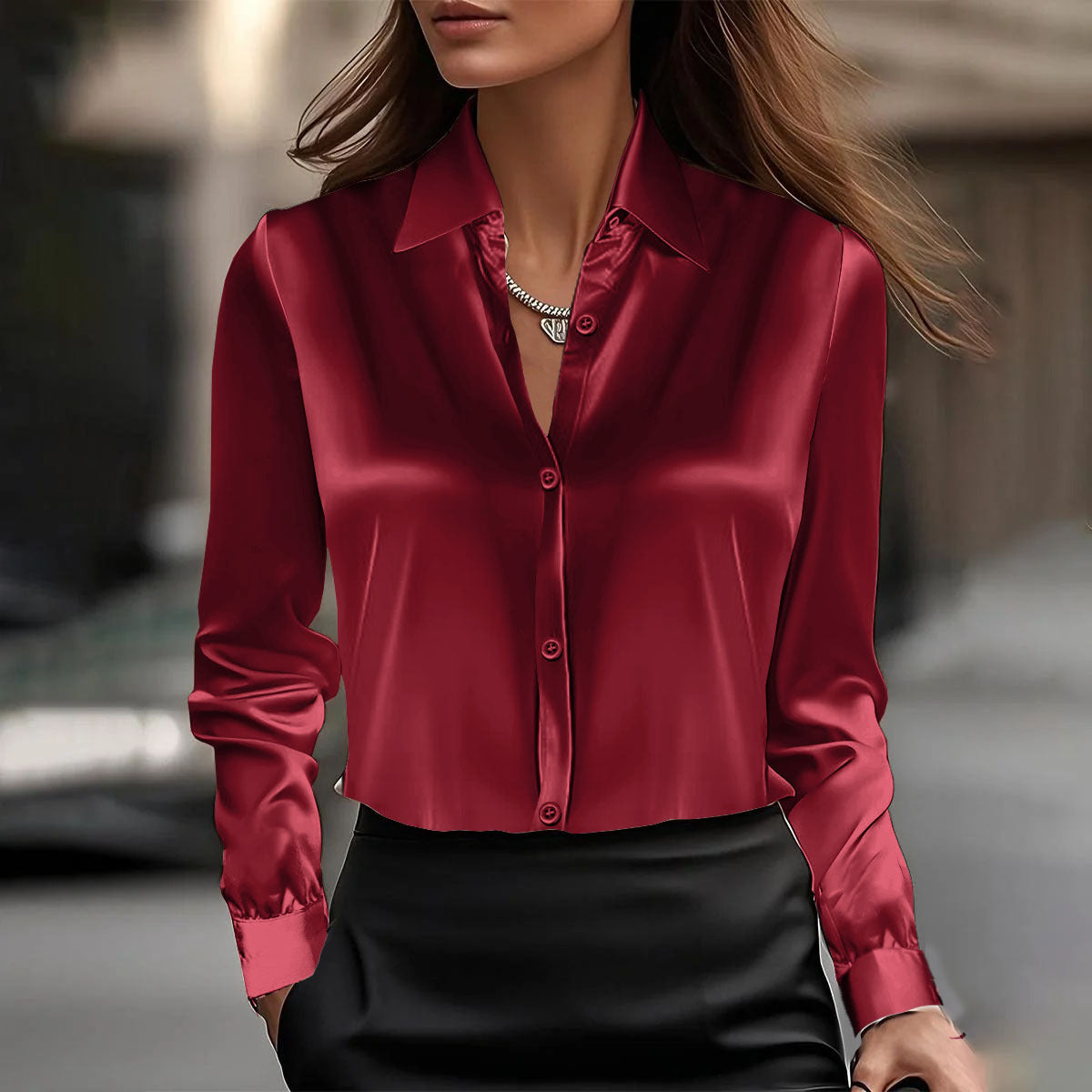 Elegancki top z satyny z kołnierzykiem typu swing od Lidia Sek