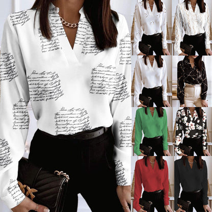 Printed V-Neck Long Sleeve Shirt by Lidia Sek