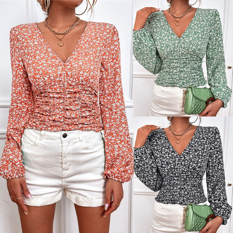 Chic Floral Long Sleeve V-Neck Top by Lidia Sek