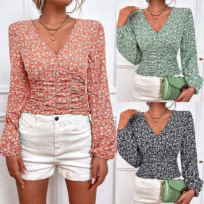Chic Floral Long Sleeve V-Neck Top by Lidia Sek